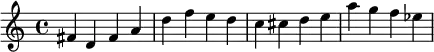 \relative c' { fis d fis a d f e d c cis d e a g f ees }
