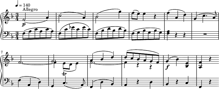 \header { tagline = ##f }
upper= \relative c' {
\clef treble
\key f \major
\time 3/4
\tempo 4 = 140
\set Staff.midiInstrument = #"piano"
f2\p^\markup { Allegro } (a4)
c2 (a4)
bes2 (g'4)
f8 (e) e4 r4
f4 (a, d)
g, (c4. a8)
<< {s2. g2.} \\ { \stemUp f2.~ \stemDown f4 e8\trill (d e4)} >> % attention les liaisons de tenues sont avec ~, celle de phrasé avec ()
<<{a4^(bes d) d8 (c bes a g f)} \\ { f2.~ f4 r4 r4 } >> % même problème liaison = ~ ; phrasé = ()
g4\f (bes) <bes, e>
<a f'> r4
}
lower=\relative c { \set Staff.midiMaximumVolume = #0.7
\clef bass
\key f \major
\numericTimeSignature
\time 3/4
f8 (a c a c a)
f8 (c' ees c ees c)
f,8 (bes d bes d bes)
f8 (g bes g bes g)
<f a>4 r4 r4
R2.
f4 (a, d)
g, c4. (a8)
f4 (d' bes)
a4 r4 d
bes r4
c f, r4
}
\score {
\new PianoStaff
<<
\new Staff = "upper" \upper
\new Staff = "lower" \lower
>>
\layout { indent = 0 }
\midi { } }