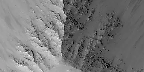 Close view of layers in Louros Valles, as seen by HiRISE under HiWish program. Note this is an enlargement of a previous image.