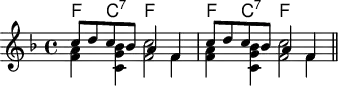 \header { tagline = ##f }
% LilyPond doesn't easily want to align 4 voices, some with different lengths.
% So we create a print score, using 2 voices with some chords, and a MIDI score of 4 voices.
global = { \key f \major \time 4/4 }
firstP = \relative c'' { \global \repeat unfold 2 { \stemUp c8 d c bes a4 f } \bar "||" }
secondP = \relative c'' { \global \repeat unfold 2 { \stemDown <a f>4 <bes g c,> <c f,>2 } }
thirdP = \relative c' { \global \repeat unfold 2 { \stemDown s2. f4 } }
first = \relative c' { \global \repeat unfold 2 { f4\fff g a f } }
second = \relative c'' { \global \repeat unfold 2 { a4 bes c2 } }
third = \relative c'' { \global \repeat unfold 2 { c8 d c bes a4 f } }
fourth = \relative c' { \global \repeat unfold 2 { f4\pppp c f2 } }
kords = \chordmode { \repeat unfold 2 { f4 c:7 f2 } }
\score {
<<
\new ChordNames { \kords }
\new Staff << \firstP \\ \secondP \\ \thirdP >>
>>
\layout { }
}
% The MIDI part plays the 4 voices, but not the chords.
\score {
<<
\new Staff \with { midiInstrument = "trumpet" } \new Voice \first
\new Staff \with { midiInstrument = "violin" } \new Voice \second
\new Staff \with { midiInstrument = "celesta" } \new Voice \third
\new Staff \with { midiInstrument = "tuba" } \new Voice \fourth
>>
\midi { \tempo 4=102 }
}