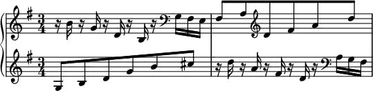 
\new PianoStaff <<
 \new Staff \relative c'' {
  \key g \major \time 3/4
  r16 b r g r d r b r \clef bass g fis e |
  fis8 a \clef treble d fis a d |
 }
 \new Staff \relative c' {
  \key g \major
  g8 b d g b cis |
  r16 d r a r fis r d r \clef bass a g fis |
 }
>>
