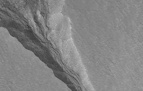 Close view of gully alcoves, as seen by HiRISE under HiWish program. Polygons are visible.