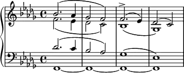 
\relative c'' {
  \new PianoStaff <<
    \new Staff <<
      \new Voice = "first" {
        \set Staff.midiInstrument = #"piano" \set Score.tempoHideNote = ##t \tempo 4 = 40 \stemUp \clef treble \key bes \minor \time 4/4
        bes2. ^( as4 |
        ges2 f2 ) |
        f2. ^> ^( es4 ) |
        des2 ^( c2 ) |
      }
      \new Voice = "second" {
        \stemDown
        f2. _( es4 |
        des2 c2 ) |
        bes1 _( |
        ges1 ) |
      }
    >>
    \new Staff <<
      \new Voice = "third" {
        \stemUp \clef bass \key bes \minor \time 4/4
        des'2. ^( c4 |
        bes2 as2 ) |
        ges1 ^( |
        es1 ) |
      }
      \new Voice = "fourth" \relative c,, {
        \stemDown \clef bass \key bes \minor \time 4/4
        f'1~
        f1~
        f1~
        f1
      }
    >>
  >>
}
