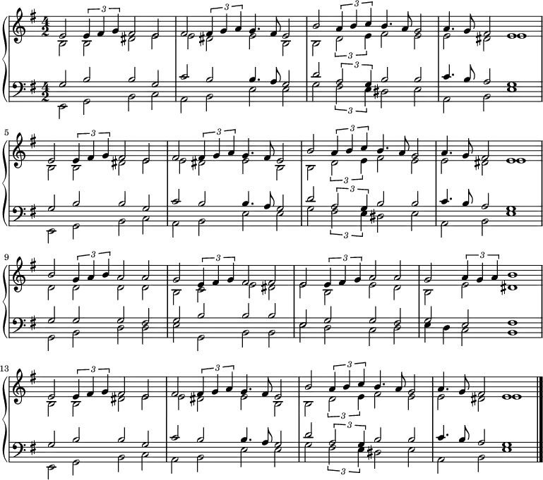 
{ \new PianoStaff <<
  \new Staff << 
    \new Voice \relative c' {\set Staff.midiInstrument = #"church organ" \set Score.tempoHideNote = ##t \tempo 4 = 130 \voiceOne \clef treble 
    \key e \minor
    \time 4/2
\language "english"
  e2 \times 2/3 {e4 fs g} fs2 e fs2 \times 2/3 {fs4 g a} g4. fs8 e2
  b'2 \times 2/3 {a4 b c} b4. a8 g2 a4. g8 fs2 e1
  e2 \times 2/3 {e4 fs g} fs2 e fs2 \times 2/3 {fs4 g a} g4. fs8 e2
  b'2 \times 2/3 {a4 b c} b4. a8 g2 a4. g8 fs2 e1
  b'2 \times 2/3 {g4 a b} a2 a g2 \times 2/3 {e4 fs g} fs2 fs
  e2 \times 2/3 {e4 fs g} a2 a g2 \times 2/3 {a4 g a} b1
  e,2 \times 2/3 {e4 fs g} fs2 e fs2 \times 2/3 {fs4 g a} g4. fs8 e2
  b'2 \times 2/3 {a4 b c} b4. a8 g2 a4. g8 fs2 e1
  \bar "|."
  }
   \new Voice \relative c' { \voiceTwo
  b2 b ds e e ds e b
  b \times 2/3 {d2 e4} fs2 e e ds e1
  b2 b ds e e ds e b
  b \times 2/3 {d2 e4} fs2 e e ds e1
  d2 d d d b c e ds
  e b e d b e ds1
  b2 b ds e e ds e b
  b \times 2/3 {d2 e4} fs2 e e ds e1
  }  >>
  \new Staff <<
    \new Voice \relative c' {\set Staff.midiInstrument = #"church organ" \clef bass \key e \minor \time 4/2 \voiceOne
  g2 b b g c b b4. a8 g2
  d' \times 2/3 {a2 g4} b2 b c4. b8 a2 g1
  g2 b b g c b b4. a8 g2
  d' \times 2/3 {a2 g4} b2 b c4. b8 a2 g1
  g2 g g fs g b b b
  e, g g fs g e fs1
  g2 b b g c b b4. a8 g2
  d' \times 2/3 {a2 g4} b2 b c4. b8 a2 g1
  }
   \new Voice \relative c { \voiceTwo
  e,2 g b c a b e e
  g \times 2/3 {fs2 e4} ds2 e a,2 b e1
  e,2 g b c a b e e
  g \times 2/3 {fs2 e4} ds2 e a,2 b e1
  g,2 b d d e g, b b
  e d c d e4 d c2 b1
  e,2 g b c a b e e
  g \times 2/3 {fs2 e4} ds2 e a,2 b e1
  }
  >> >> } 
 