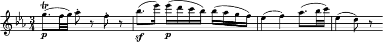 { \relative g'' { \key es \major \time 3/4
g8.( \trill \p f32 g) as8-. r f-. r | bes8.( \sf es16) es( \p d c bes) bes( as g f) |
es4( f) as8.( bes32 c) | es,4( d8) r}}
