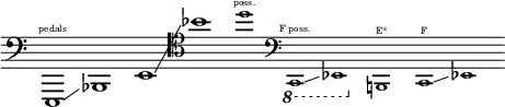 \layout { ragged-right = ##t \context { \Score \omit BarNumber } }
{
\new Staff \with { \remove "Time_signature_engraver" }
\clef bass \key c \major \cadenzaOn
e,,1 ^ \finger \markup \text "pedals"
\glissando
bes,,1
e,1
\glissando
\clef tenor bes'1
\tweak font-size #-2 d''1 ^ \finger \markup \text "poss."
\clef bass
\ottava #-1
\tweak font-size #-2 c,,1 ^ \finger \markup \text "F poss."
\glissando
\tweak font-size #-2 ees,,1
\ottava #0
\tweak font-size #-2 b,,1 ^ \finger \markup \text "E*"
\tweak font-size #-2 c,1 ^ \finger \markup \text "F"
\glissando
\tweak font-size #-2 ees,1
}