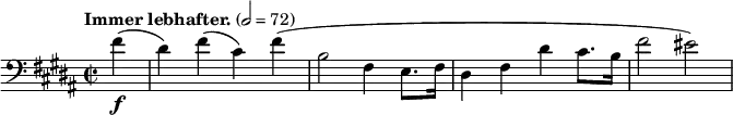 \new Staff \relative c' {
\clef bass \time 2/2 \key b \major \tempo "Immer lebhafter." 2=72 \partial 4 \set Staff.midiInstrument = #"string ensemble 1"
fis4-\f(dis) fis(cis) fis(b,2 fis4 e8. fis16 dis4 fis dis' cis8. b16 fis'2 eis)
}