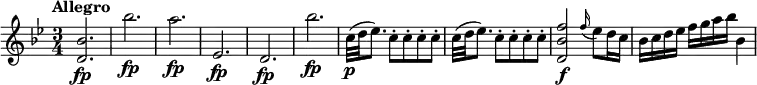 \relative c'' {
\key bes \major
\tempo "Allegro"
\time 3/4
<bes d,>2.\fp bes'\fp a\fp es,\fp d\fp bes''\fp c,32\p (d es8.) \repeat unfold 4 {c8-.} c32 (d es8.) \repeat unfold 4 {c8-.} <f bes, d,>2\f \grace f16(es8) d16 c bes c d es f g a bes bes,4
}