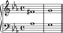 {
\new PianoStaff <<
\new Staff <<
\relative c' {
\clef treble \key c \minor \time 4/4
fis1 g
}
>>
\new Staff <<
\relative c' {
\clef bass \key c \minor \time 4/4
aes1 g \bar "||"
}
>>
>> }