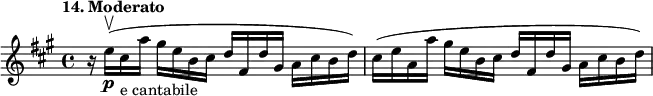 %etude14
\relative e''
{
\set Staff.midiInstrument = #"violin"
\time 4/4
\tempo "14. Moderato"
\key a \major
r16 e16\upbow \p (cis-"e cantabile" a' gis e b cis d fis, d' gis, a cis b d ) |
cis (e16 a, a' gis e b cis d fis, d' gis, a cis b d )
}