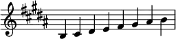 {
\omit Score.TimeSignature \relative c' {
\key b \major \time 2/1 b cis dis e fis gis ais b} }