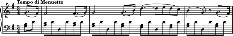 \new PianoStaff <<
\new Staff \relative c'' {
\tempo "Tempo di Menuetto"
\key g \major \time 3/4
\partial 4 g8.( fis16) |
fis2 fis8.( g16) |
g2 g8.( b16) |
d4~( d8 e d c) |
b4( g8) r g8.( fis16) |
}
\new Staff \relative c' {
\key g \major \clef bass
<b g>8 d |
<c a>8 d d, d' q d |
<b g>8 d d, d' q d |
<a fis>8 d d, d' q d |
<b g>8 d d, d' q d |
}
>>