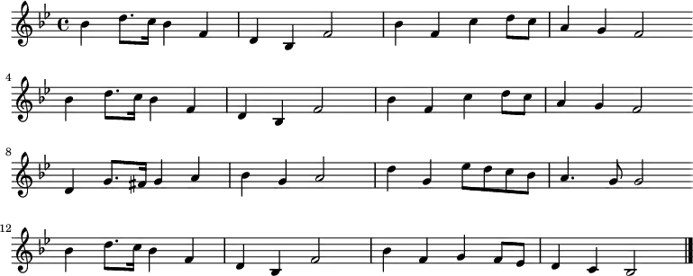 \new Staff <<
\clef treble \key bes \major {
\time 4/4 \partial 1
\relative bes' {
bes4 d8. c16 bes4 f | d4 bes f'2 | bes4 f c' d8 c | a4 g f2 \bar"" \break
bes4 d8. c16 bes4 f | d4 bes f'2 | bes4 f c' d8 c | a4 g f2 \bar"" \break
d4 g8. fis16 g4 a | bes4 g a2 | d4 g, es'8 d c bes | a4. g8 g2 \bar"" \break
bes4 d8. c16 bes4 f | d4 bes f'2 | bes4 f g f8 es | d4 c bes2 \bar"|."
}
}
%\new Lyrics \lyricmode {
%}
>>
\layout { indent = #0 }
\midi { \tempo 4 = 86 }