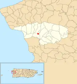 Location of Añasco barrio-pueblo within the municipality of Añasco shown in red