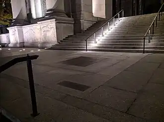 The plaza in front of the American Museum of Natural History, at night. This is the location where the Equestrian Statue of Roosevelt stood.