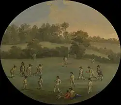 Image 14A Game of Cricket at The Royal Academy Club in Marylebone Fields, now Regent's Park, depiction by unknown artist, c. 1790–1799 (from History of cricket)