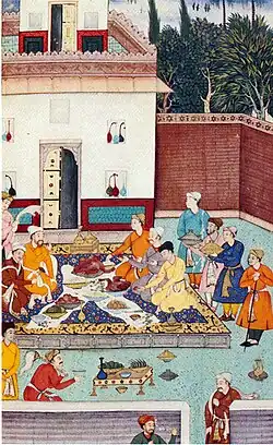 A banquet including roast goose given for Babur by the Mirzas in 1507 (miniature c. 1590)