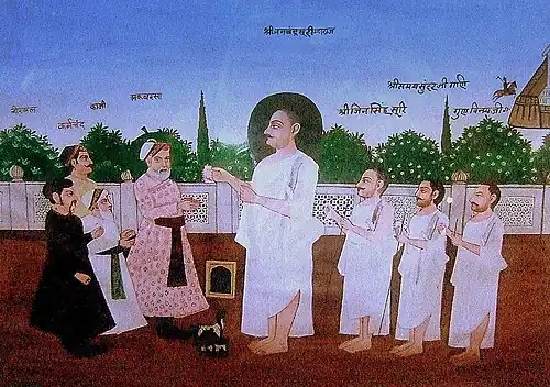 Acharya Jinchand Suri with Akbar and Karam Chand at Lahore court