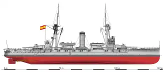 The red hull paint has been retained, but the white stripe has been replaced with a wider dark gray band. The rest of the hull, turrets, superstructure, masts, and funnel have all been painted light gray.