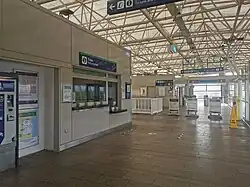 The interior of Adamstown's station building, showing the modern architecture of Irish railway stations from this time period.