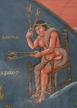 9th century A.D., Carolingian Empire. Aeman playing crotals, showing a blending of ancient traditions in the medieval period; in the Carolingian Renaissance, the Roman cymbala cymbals were attached to "forked sticks" to make the crotals.[8][9]