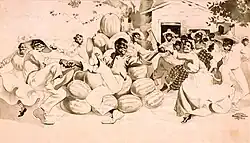 Lithograph of Black people dancing around a pile of watermelons, c. 1900