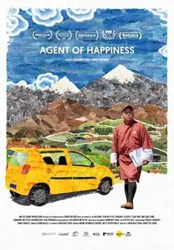 The poster presents the photo of the main character dressed in the traditional Bhutanese garb with census documents in hand on a watercolor background of the Himalayas.