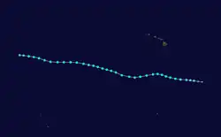 The storm path of Tropical Storm Aka, which starts southeast of Hawaii, moves generally west to west-northwestward, crosses the International Dateline, and eventually dissipates