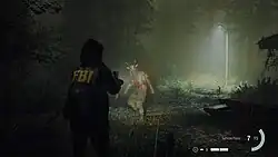 A screenshot of Alan Wake 2, showing the player's character, Saga Anderson aiming her flashlight and handgun at an enemy, in an exterior environment