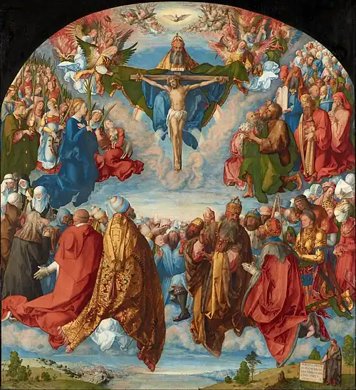 Image 32The Adoration of the Trinity by Albrecht Dürer (1511) From top to bottom: Holy Spirit (dove), God the Father and Christ on the cross (from Trinity)