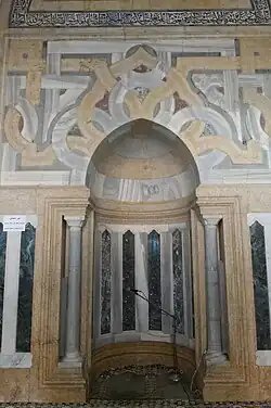 Polychrome marble mosaic work on the mihrab of the Al-Firdaws Madrasa in Aleppo (13th century, Ayyubid period)