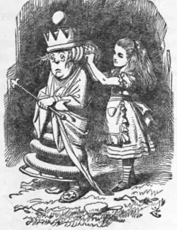 Dishevelled elderly white woman, in crown, being tidied up by young girl