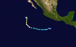 A track map of a hurricane over the Eastern Pacific Ocean; the system initially moves westward before turning northward midway through its life