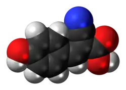 Space-filling model of the α-cyano-4-hydroxycinnamic acid molecule