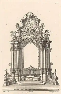 Rococo reinterpretations of the Corinthian order in an altar design, with asymmetric capitals and more sinuous S-shaped acanthuses, by Franz Xaver Habermann, 1740–1745, etching on paper, Rijksmuseum