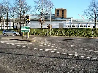 Altnagelvin Junction, which in 2004 saw 12930 vehicles pass through every day.[2] Altnagelvin Area Hospital is in the background.