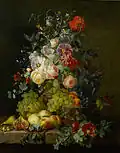 Still life with fruit and flowers on a ledge