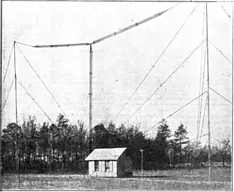 80 ft high 'T' antenna for 1.5 MHz, of a historic transatlantic amateur radio station. Note the vertical and horizontal "cage" sections.