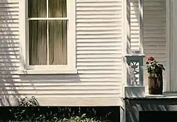 oil painting, close-up;old clapboard white house with partial golden curtains in window on left, porch on right with geranium plant in wooden barrel