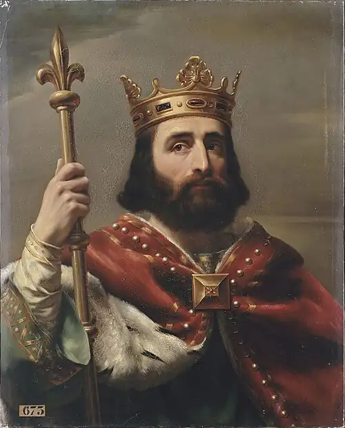 Portrait of a crowned king, bearded and mustachioed, wearing a red cape and holding a fleur-de-lis scepter in his right hand.