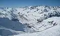Andermatt from Pazolastock/Piz Nurschalas (2739 m) looking west through the Urseren towards the Bernese Alps with the Finsteraarhorn (4274 m) in the middle