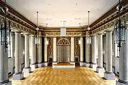 Looking at the stage and auditorium from the rear balcony