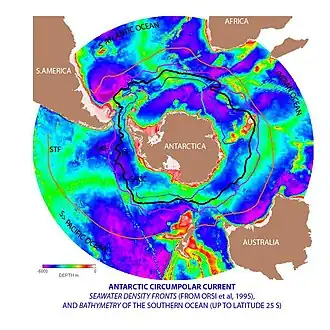 Image 36The Antarctic Circumpolar Current (ACC) is the strongest current system in the world oceans, linking the Atlantic, Indian and Pacific basins. (from Southern Ocean)