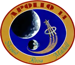 The circular patch depicts the Earth and the Moon. An astronaut lapel pin leaves a comet trail from the liftoff point on Earth. Around it is the logo "Apollo 14 – Shepard Roosa Mitchell"