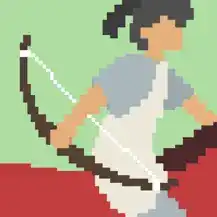 A human on a horse in a pixel art style is holding a bow.