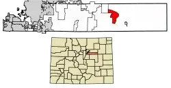 Location of the Peoria CDP in Arapahoe County, Colorado.