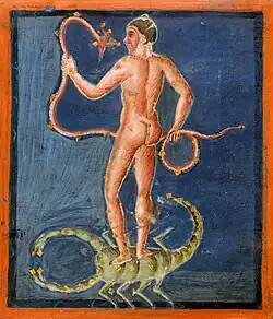 Illustration of Serpens, Ophiuchus and Scorpius in the Leiden Aratea manuscript, around 830 - 840.