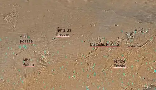 Map of Arcadia quadrangle with major features labeled. Several large cracks called Fossae are in this area.