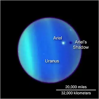 the planet Uranus is seen through the Hubble telescope, its atmosphere defined by bands of electric blue and green. Ariel appears as a white dot floating above it, casting a dark shadow below