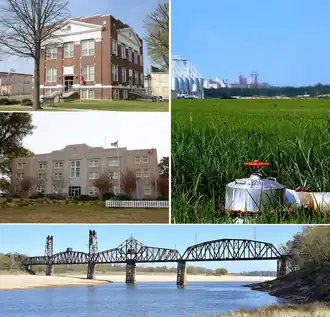 Clockwise from top: a rice field on the Grand Prairie, the Yancopin Bridge over the Arkansas River, the Southern District Courthouse in DeWitt, the Northern District Courthouse in Stuttgart